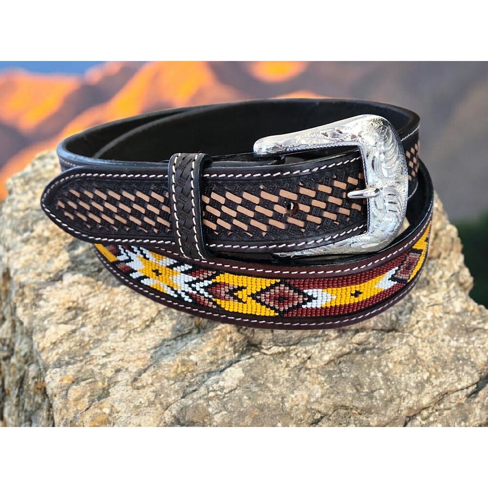 Ranger Belt Co KH1011 Western Rodeo Beaded Leather Belt Starburst Basketweave 44